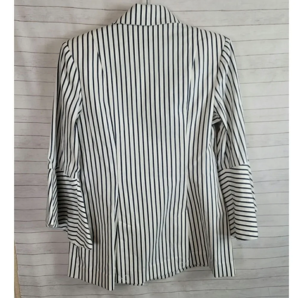 CAbi Ticking Stripe Bell-sleeve Blazer in Black/White, sz 4